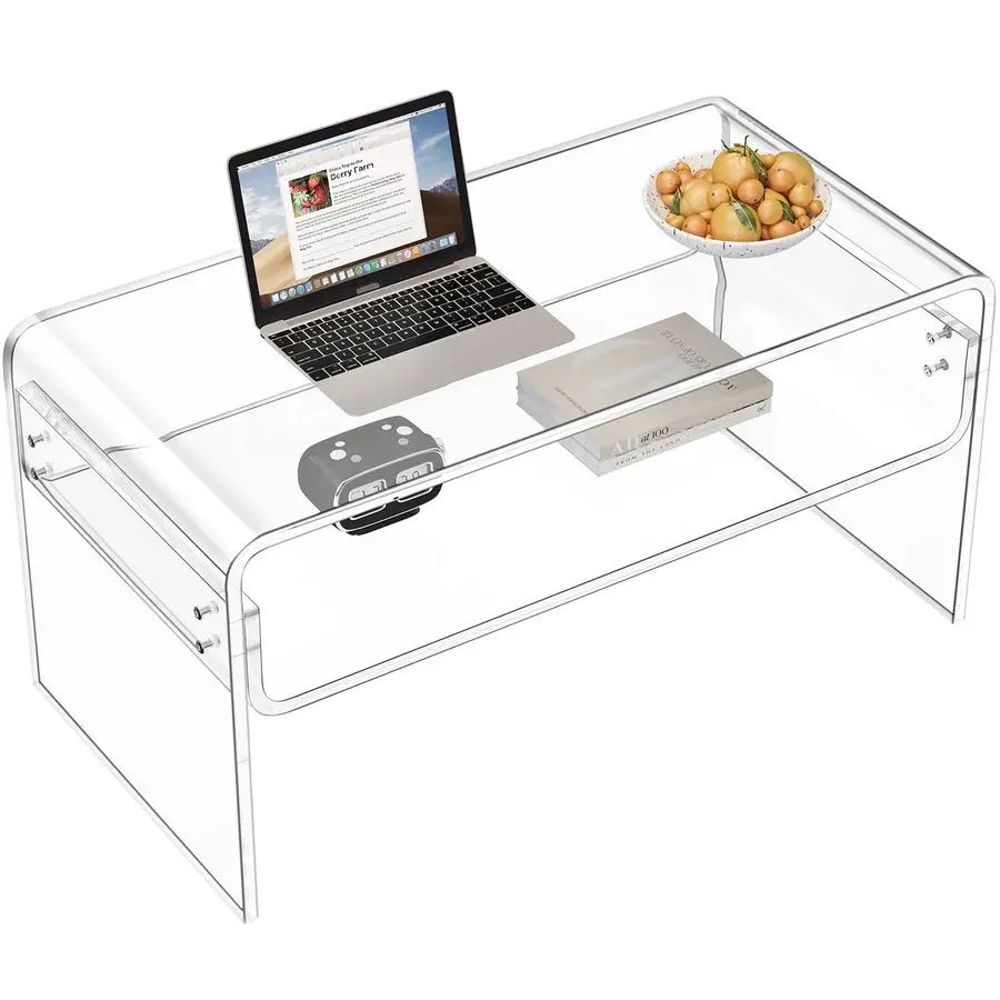 Coffee Table, Clear Rectangle Side Table Furniture, Modern Tea Table With Open Storage, End Table for Living Room, Office Recept