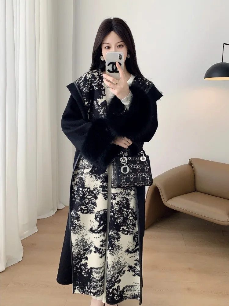 لوحة جديدة لغسل الحبر معطف من الصوف والكشمير على الوجهين، فرو الثعلب، فراء عصري وشابير وطويل