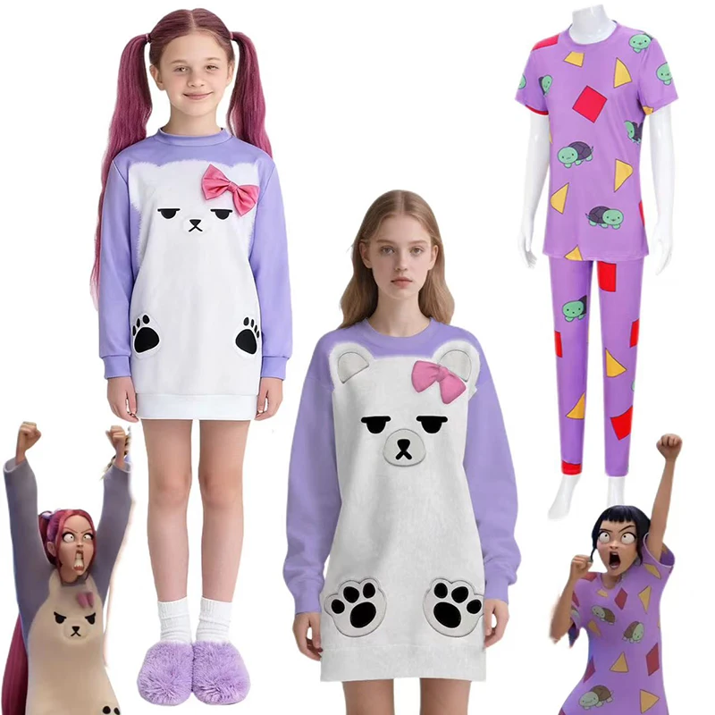 

Girl Group K-POP Rumi Mira Zoey Cosplay Light Purple White Bear Long Round-Neck Hoodie Pajamas Halloween Carnival Party Outfits