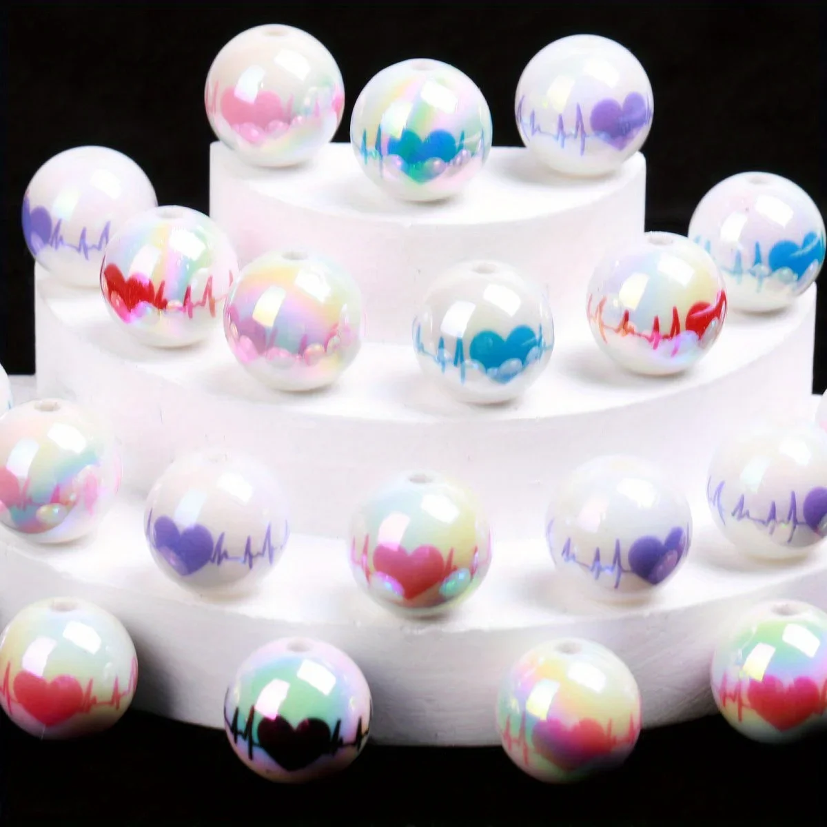 10pcs/20pcs Random Color Printed Love Electrocardiogram Round Acrylic Beads For Making Beaded Pen Bracelet Phone Chain Keychain
