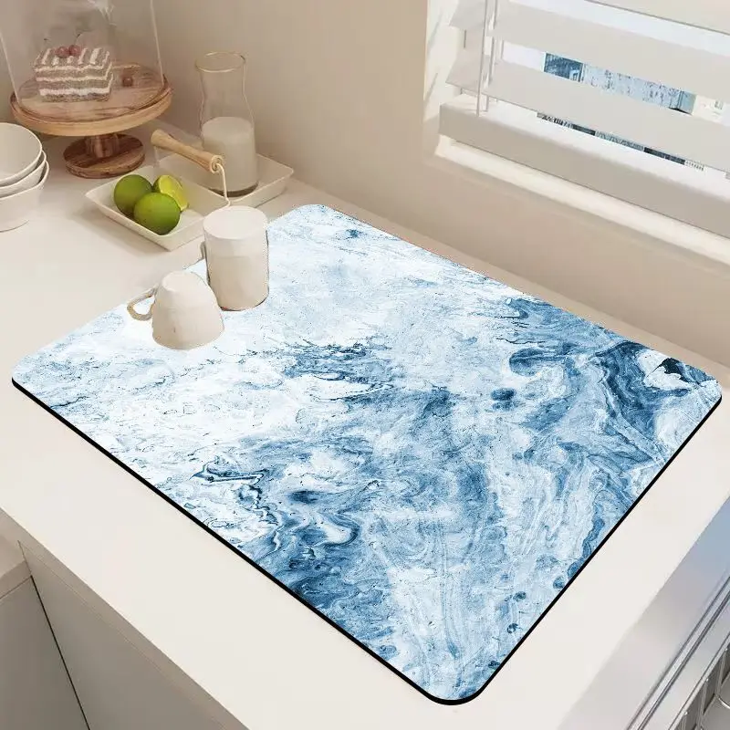 VIKAMA Blue Fluid Marble Coffee Bar Mat Waterproof Oilproof Non Slip Pad Kitchen Coffee Machine Counter Mat