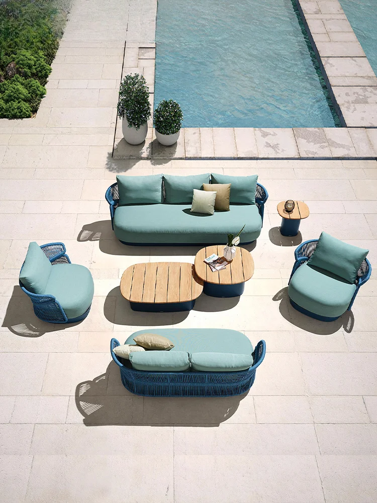 Outdoor rattan sofa combination courtyard villa coffee table and chairs corner teak long table