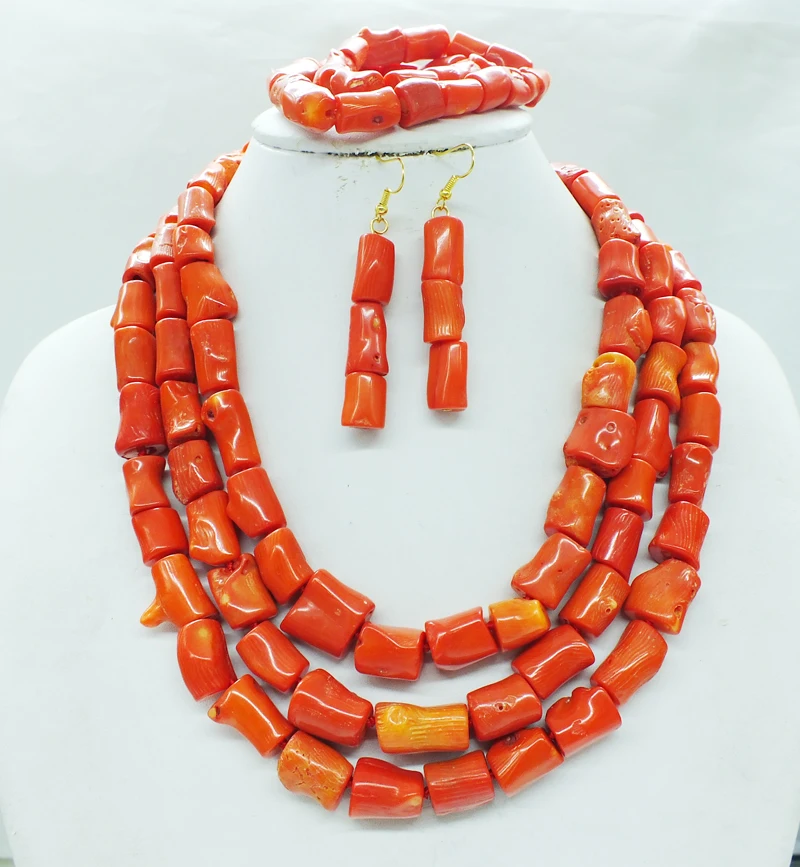 Fashion classic orange 3 - layer coral necklace.African bride's wedding necklace, bracelet.Earrings and jewelry set.