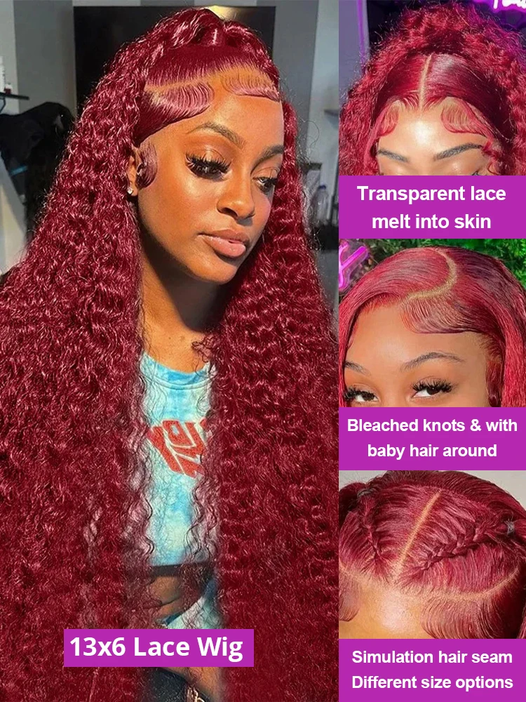 Deep Wave 99J Burgundy 13x6 Lace Frontal Wig Human Hair 13x4 Curly 30 40 Inch HD Transparent Lace Front Wigs Brazilian Red Wine