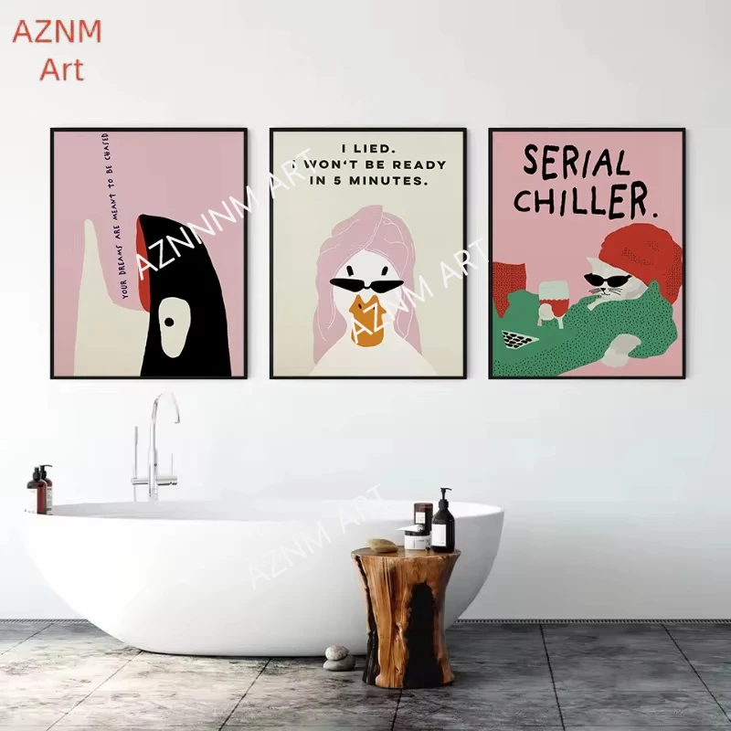 Funny Bathroom Lazy Cat Diva Duck Shower Bathtub Retro Illustration Poster Canvas Painting Wall Art Pictures Home Decor Gift
