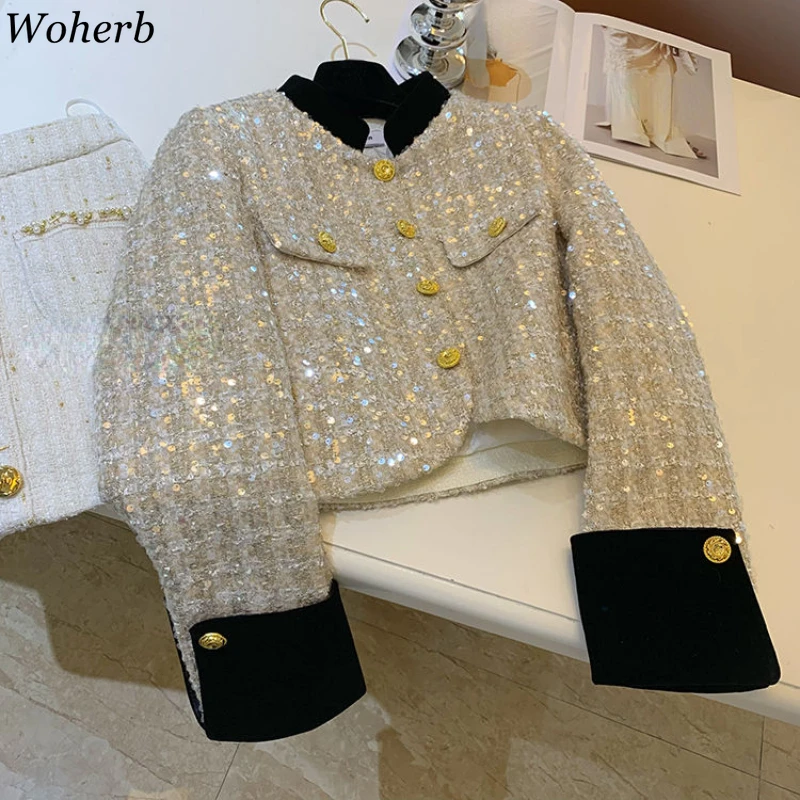 Patchwork Stand Neck Crop Tops Korean Coat Women 2024 Temperament Ladies  Fashion Vintage Glitter Thicked Jackets Ropa Mujer