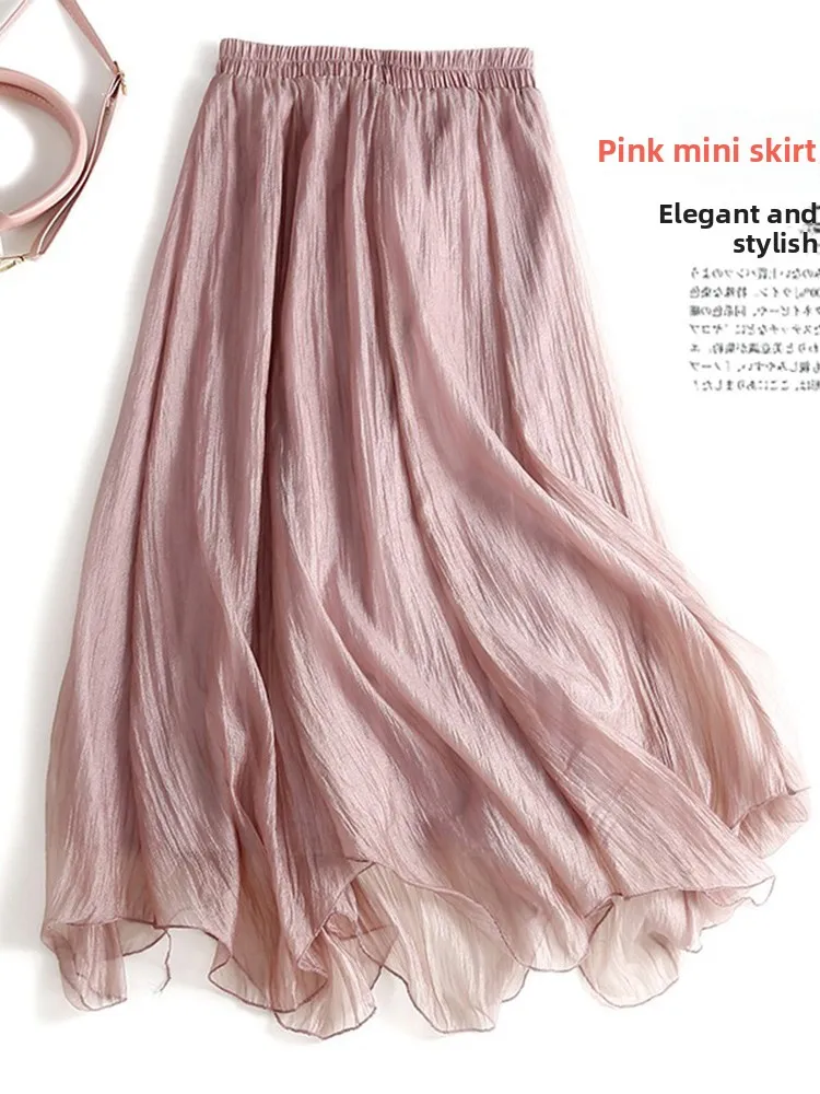 Falda Midi acampanada de cintura alta para mujer, falda larga de lino de doble capa, falda artística de lino y algodón para el cuerpo, Color puro para ir al trabajo