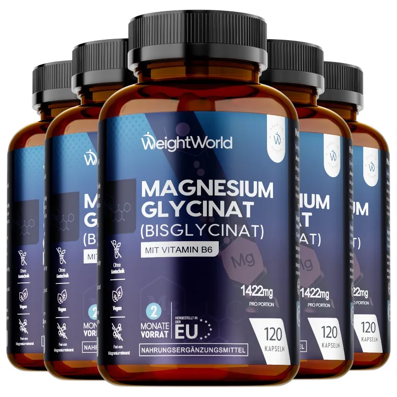 5 Bottles Magnesium Glycinate Capsules - Positive Mood, Relax Nerves, Brain Health, Relieves Muscle Cramps, Strengthen Bones