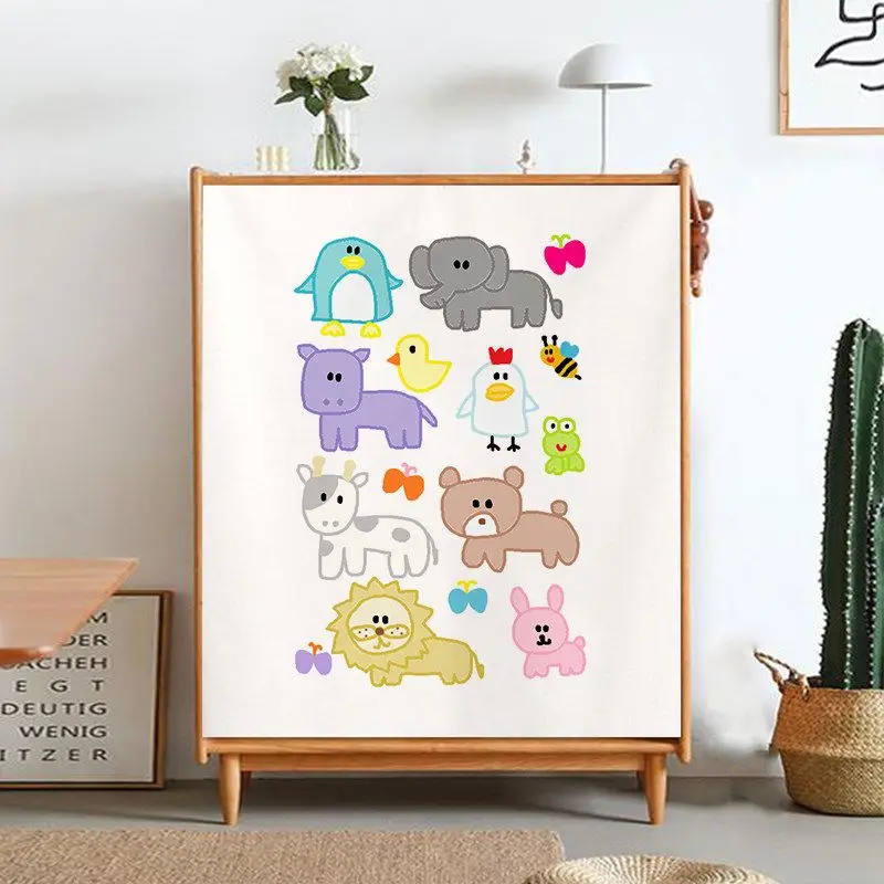 VIKAMA Cartoon Animal Cabinet Curtain Penguin Elephant Bear Rabbit Print Screen Shelf Cover Kids Room Cute Kawaii Home Decor