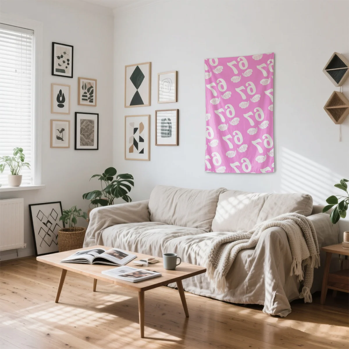 Repeating 6 7 and hand pattern Digital printing polyester wall tapestry suitable use in living rooms bedrooms offices bars party