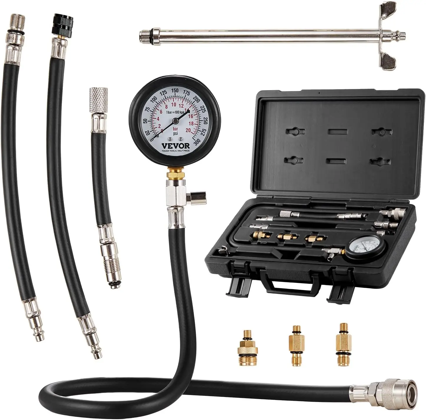 

Compression Tester Adapter Kit, 9 Pcs Automotive Engine Cylinder Leak Down , Accurate Dual Scale Pressure Gauge 0-300 psi