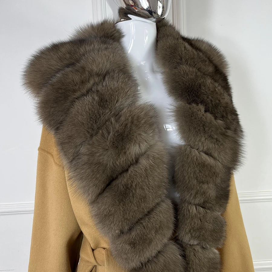 Women\'s Real Fur Coat Long Cashmere Wool Coat Winter Natural Fox Fur Coat Best Selling Luxury