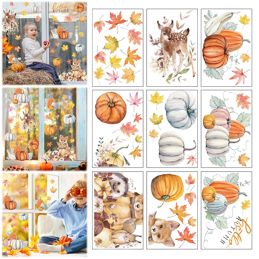 9Pcs Fall Window Cling Sticker Double-Sided Window Sticker Blessed Thanksgiving Home Decor Shop Window Glass Display Decoration