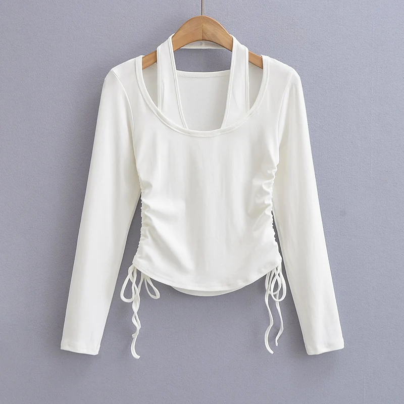 Sexy long sleeve top white korean fashion halter top cropped fake 2 pieces Fall outfits women t shirts side ruched drawstrings