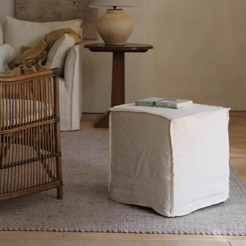 Wabi-Sabi Style Linen Fabric Square Ottoman Footstool Removable Cover Modern Home Decor Guest House