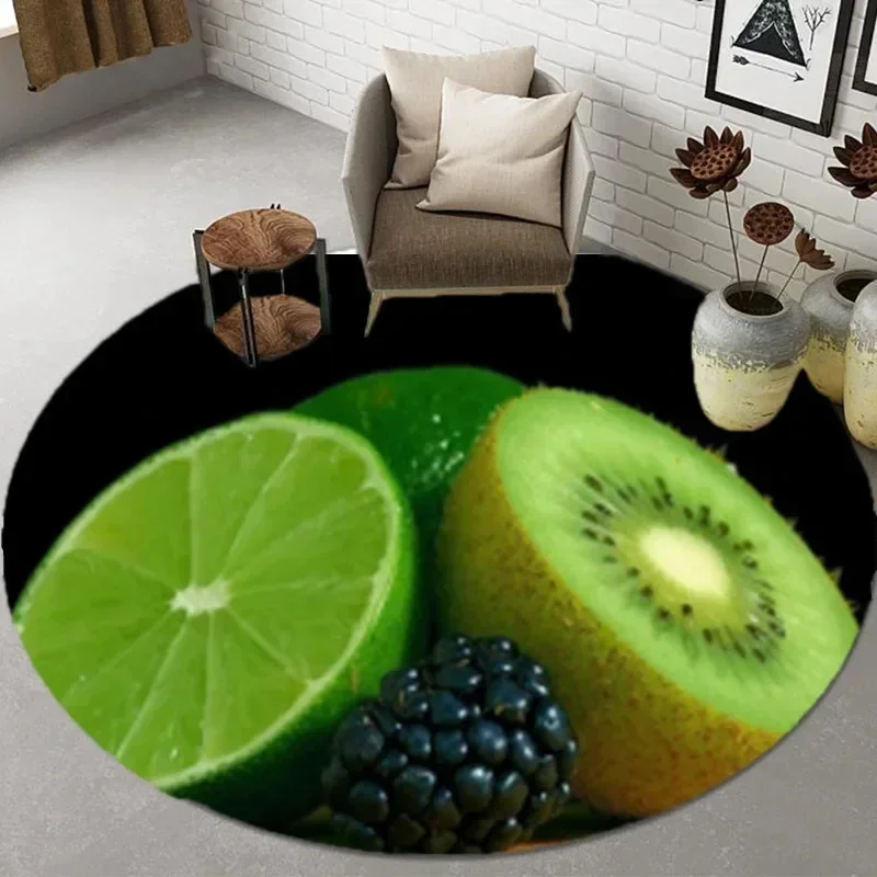 Broccoli & Fruit Print Round Carpet – Soft Non-Slip Area Rug for Kitchen, Bathroom, Living Room or Bedroom Floor Decor