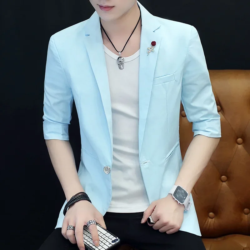 HOO 2024 Summer New Men's Half Sleeve Solid Color Suit Jacket Youth Handsome Casual   blazer