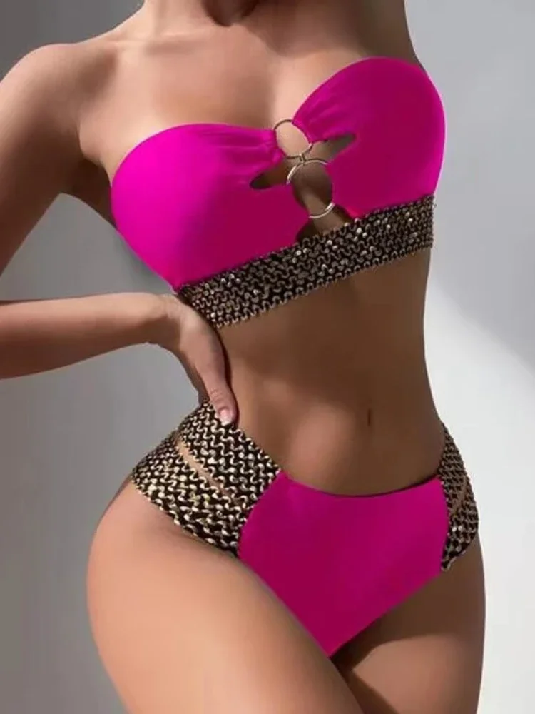 

Women's Swimsuit Sexy Bikini Bustier Metal Buckle Hollowed Out Wrap High Waist Triangle Trunks Swimwear Beach Two-piece Separate