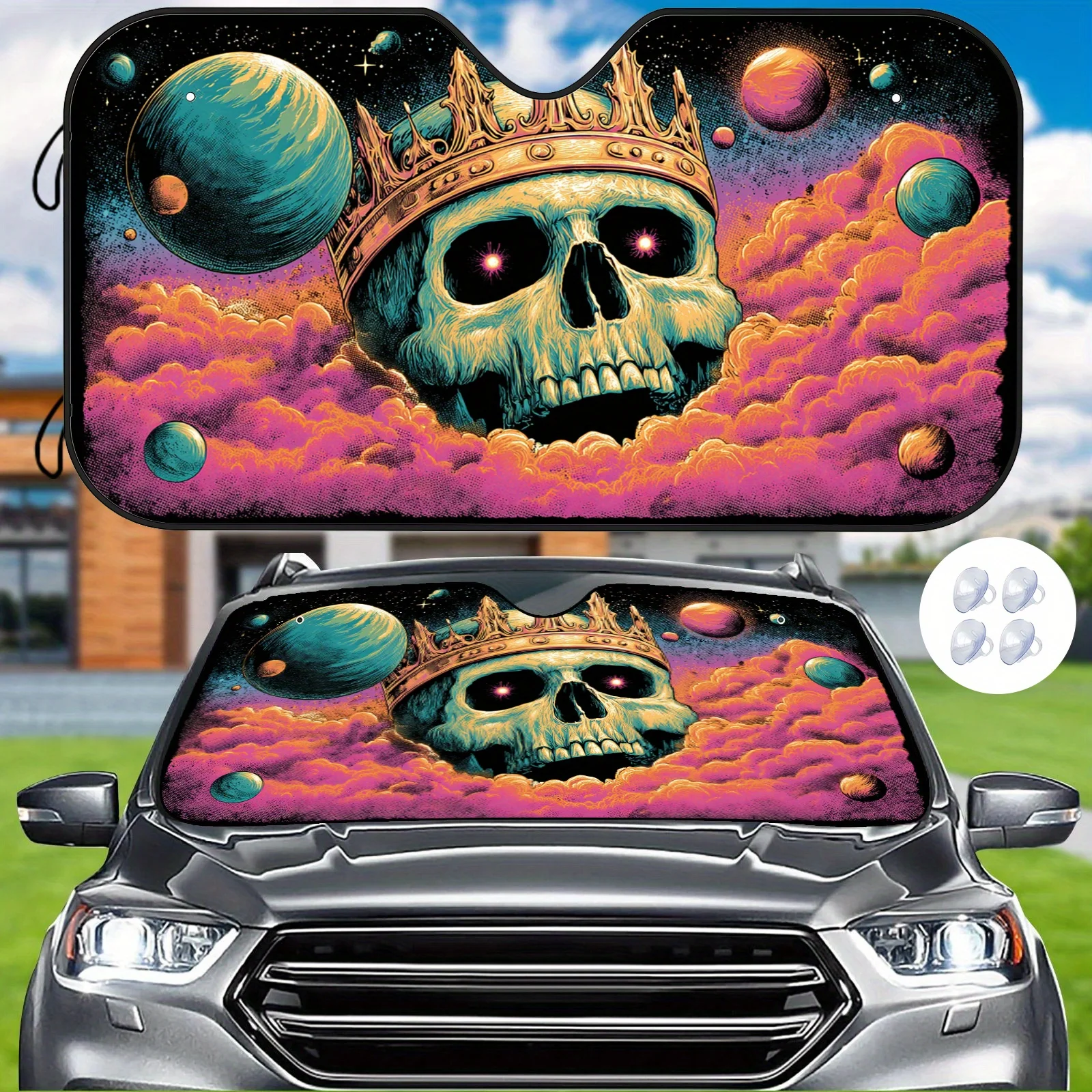 Planet Skull Throne Car Sun Visor With Convenient Suction Cup, Cool Nebula Design, Heat Insulation And Sun Protection, Maintains