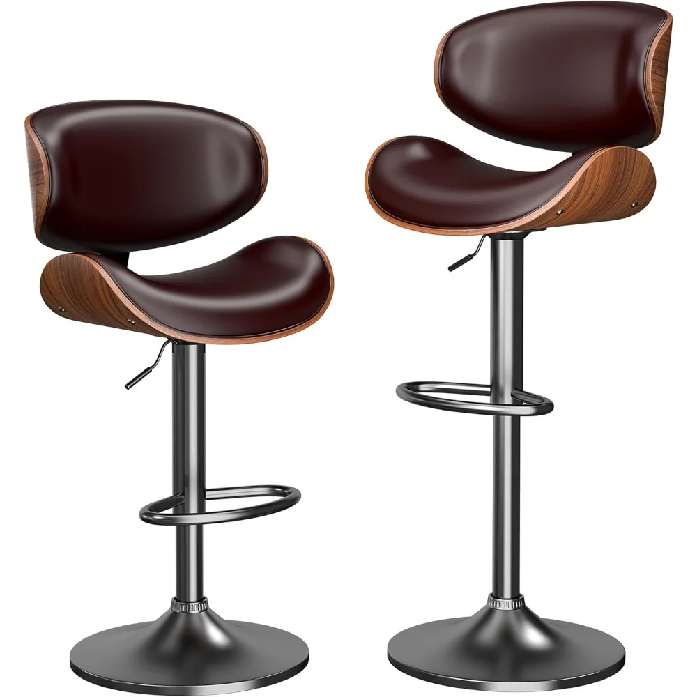 Bar Stools Set of 2, Bar Stools for Kitchen Island with Bentwood Back and Leather Seat, Swivel Bar Stools