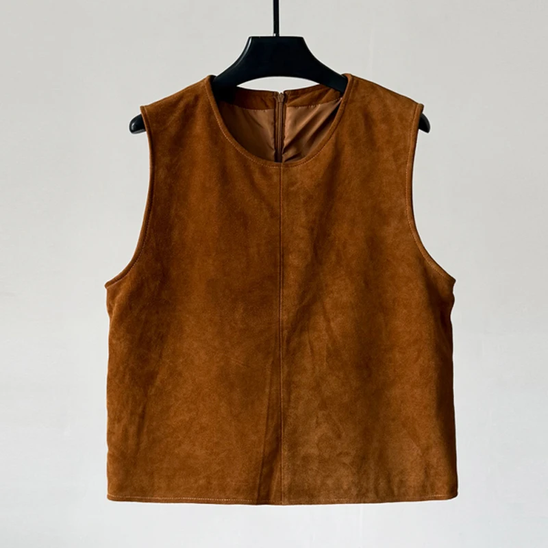 2026 Spring New Genuine Leather Vest Tops for Women Brown Casual O-neck Sleeveless Short Sheepskin Suede Female Waistcoat Tops