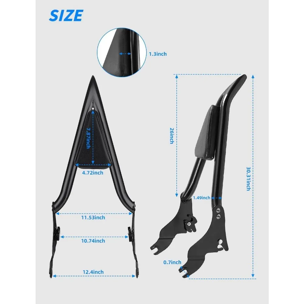 قضيب سيسي طويل القامة من BELZAR مقاس 26 بوصة لدراجة Harley Davidson Touring مسند ظهر للركاب قابل للفصل مناسب لـ CVO Road Glide Road King Str