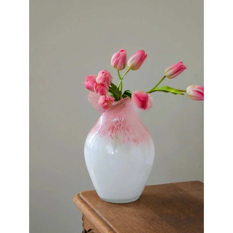 Pink texture gradual change retro French high art handmade glazed glass vase flower arrangement ornament