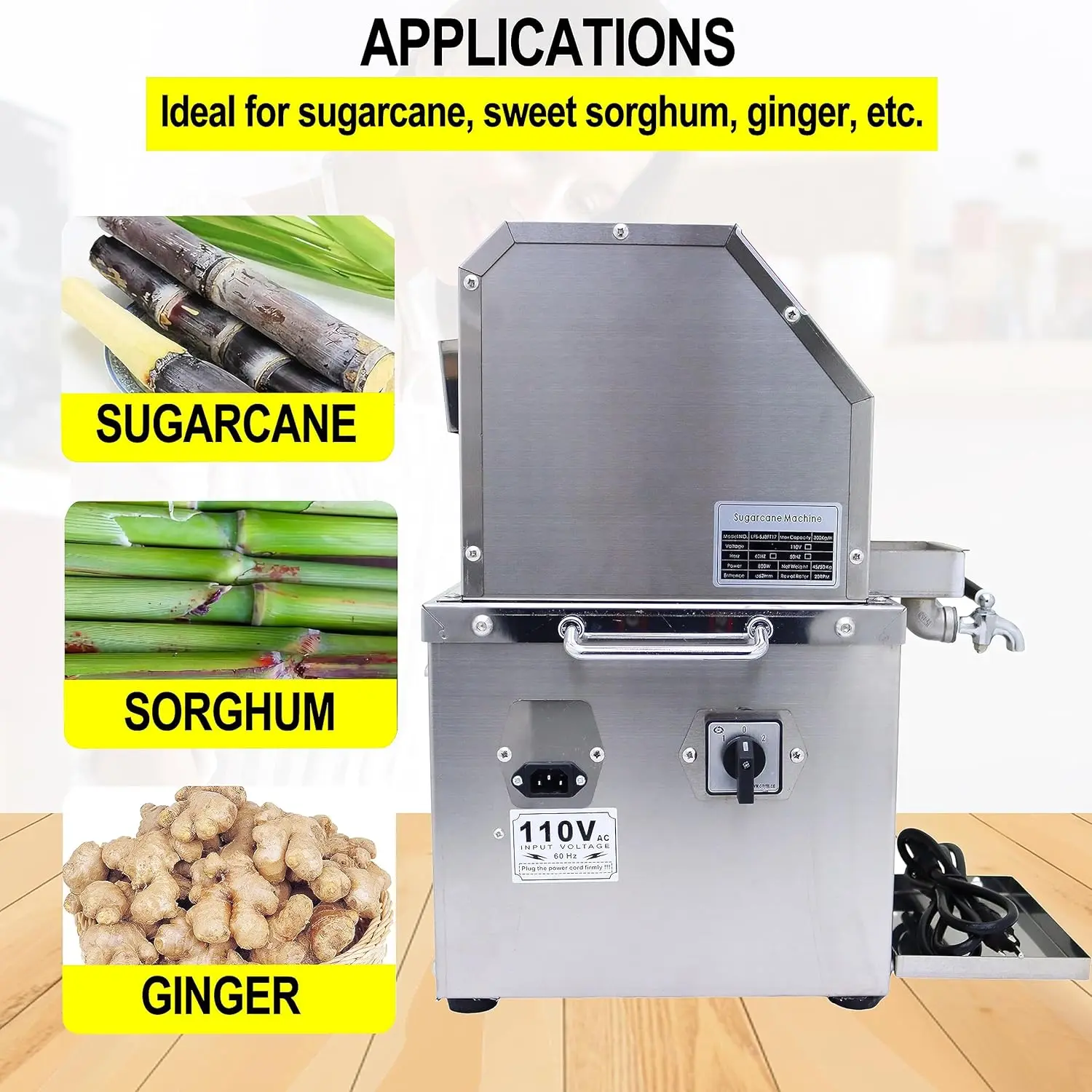 110V Electric Sugar Cane Juicer Press Machine Sugarcane Juice Extractor Ginger Sweet Sorghum Press with 304 Stainless Steel Roll