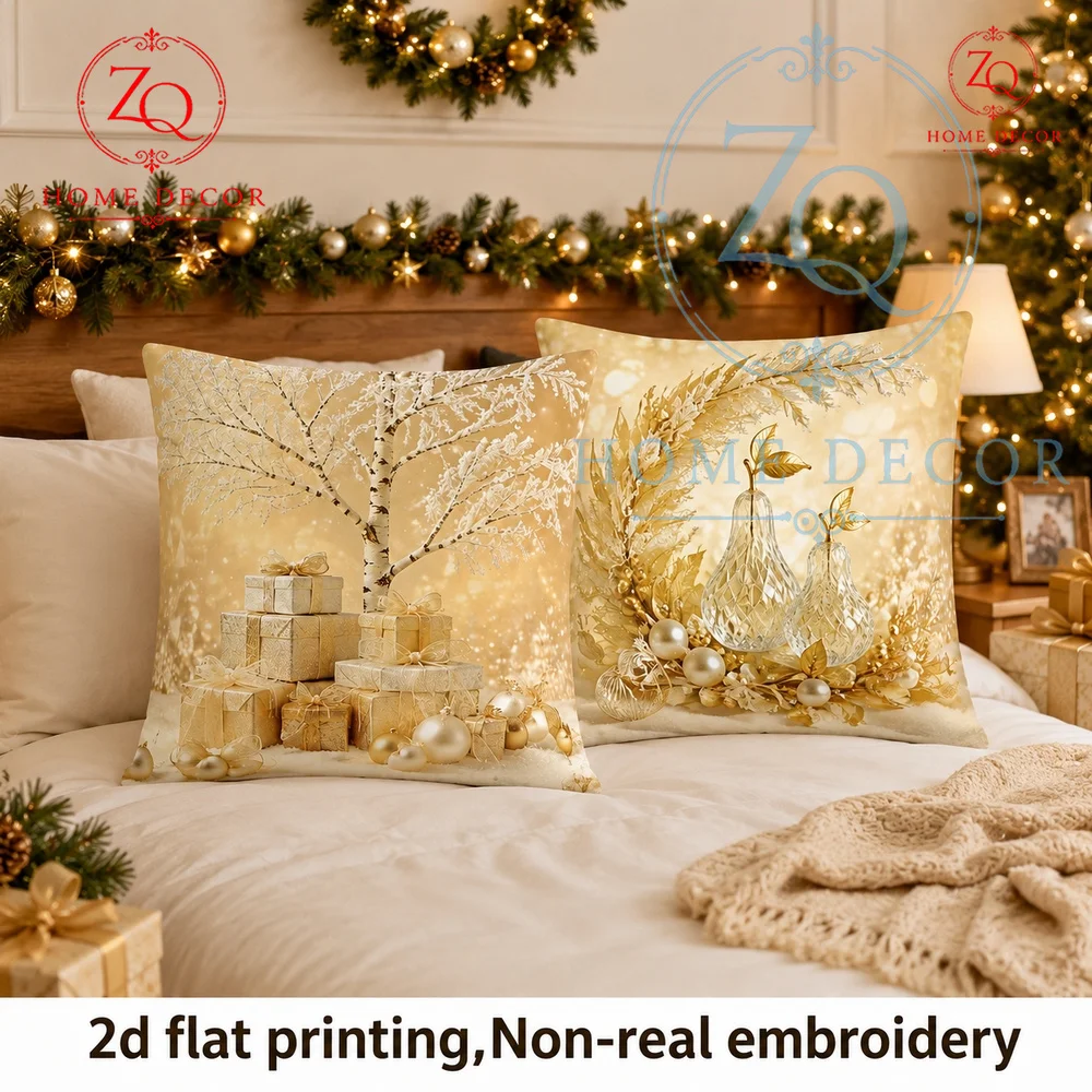 Luxury  Christmas Throw Pillow Cover Winter Birch Tree  Gift Box Printed Cushion Case Soft Decorative Pillowcase   Couch Bedroom