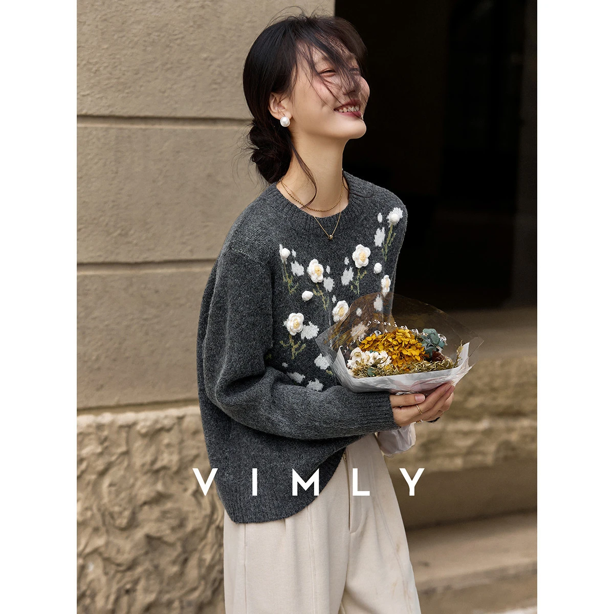 

VIMLY Elegant Women's Sweater 2025 Winter 3D Floral Embroidery Crew Collar Knitwear High Elasticity Loose Woman Clothes 30509