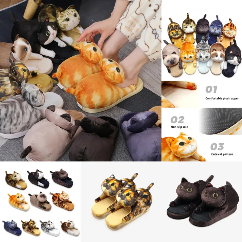 Cat Slippers Women Y2K Cute Plush EVA Anti-Slip Cotton Shoes Realistic Cat Cotton Shoes Luxury Gift Box Girls Home Slippers New