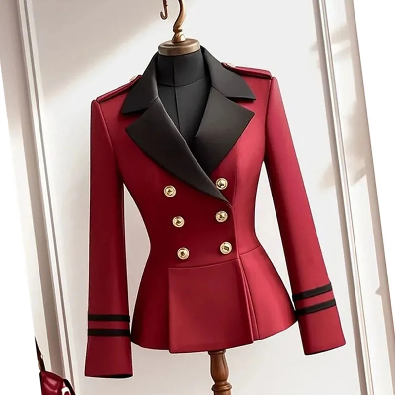 2025 Spring Autumn Women\'s Jacket Popular Explosions Anchorage Red Suit Jacket Temperament Slim Waist Advanced Contrast Jacket