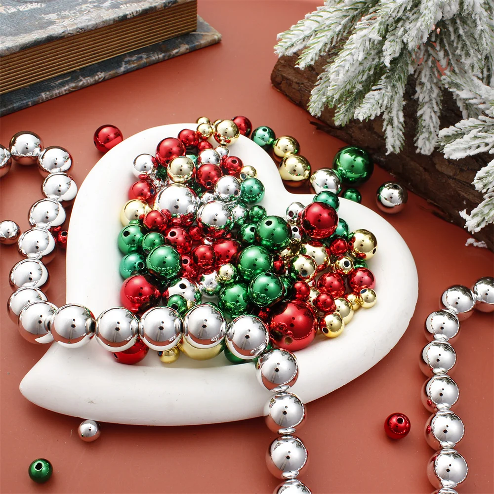 20 Stück 8-20mm Weihnachts-UV-elektroplattierte runde Acrylperlen, glänzend rot, grün, golden, silbern, lose Perlen für die Weihnachtsdekoration. – Detail 6