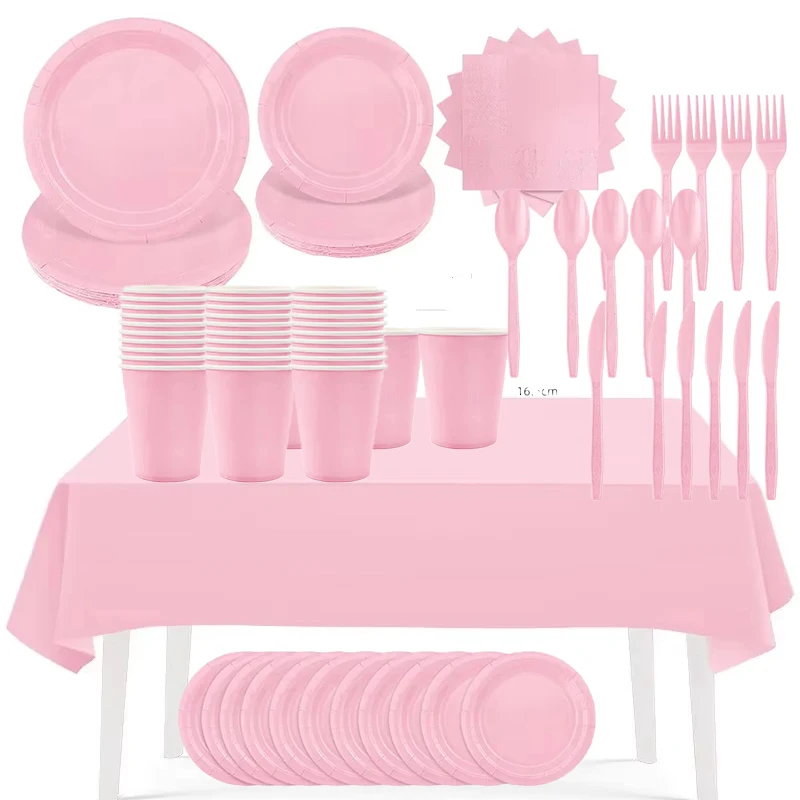 Suministros de fiesta rosas, vajilla desechable, servilleta, taza, plato, cuchillo, tenedor, cuchara, mantel para Baby Shower, boda, fiesta de cumpleaños