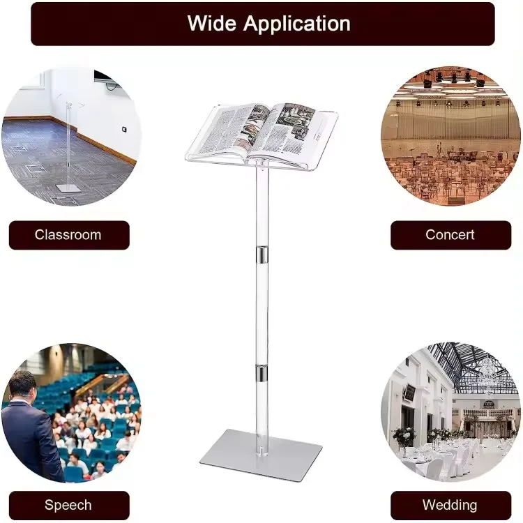 Moderno supporto per podio da concerto in acrilico trasparente con pulpito da chiesa inclinabile regolabile per scuole e hotel