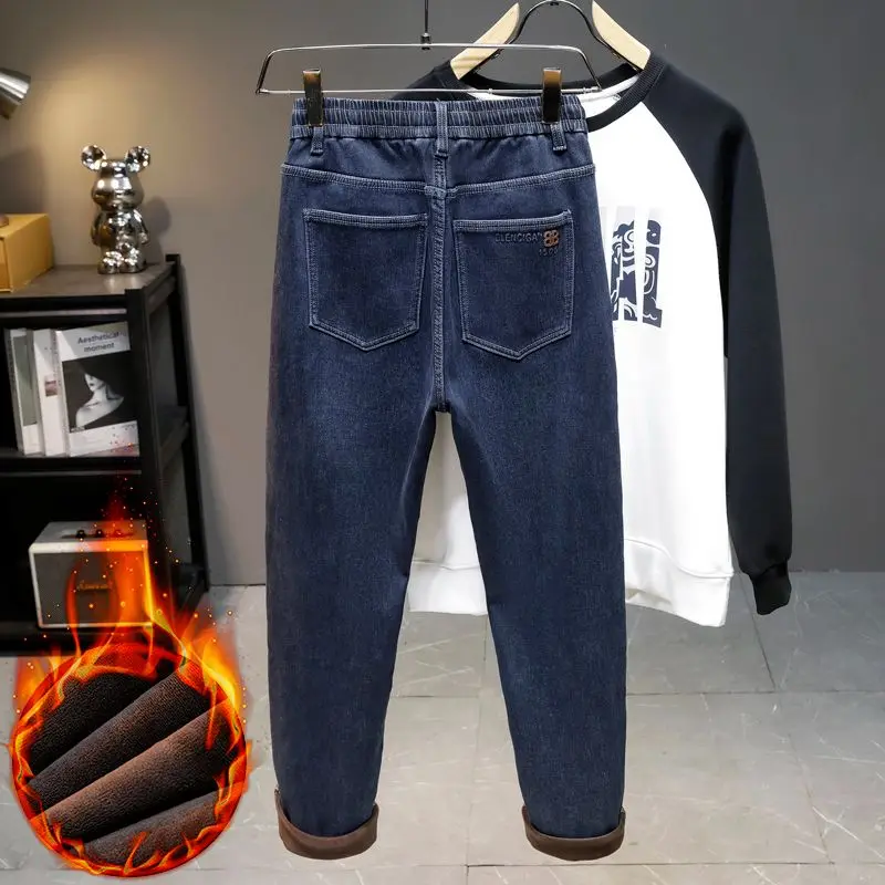 جينز عالي الجودة مبطن بالصوف للرجال لخريف وشتاء دافئ قابل للتمدد من قماش الدنيم أميري جينز ناعم مريح ملابس يومية