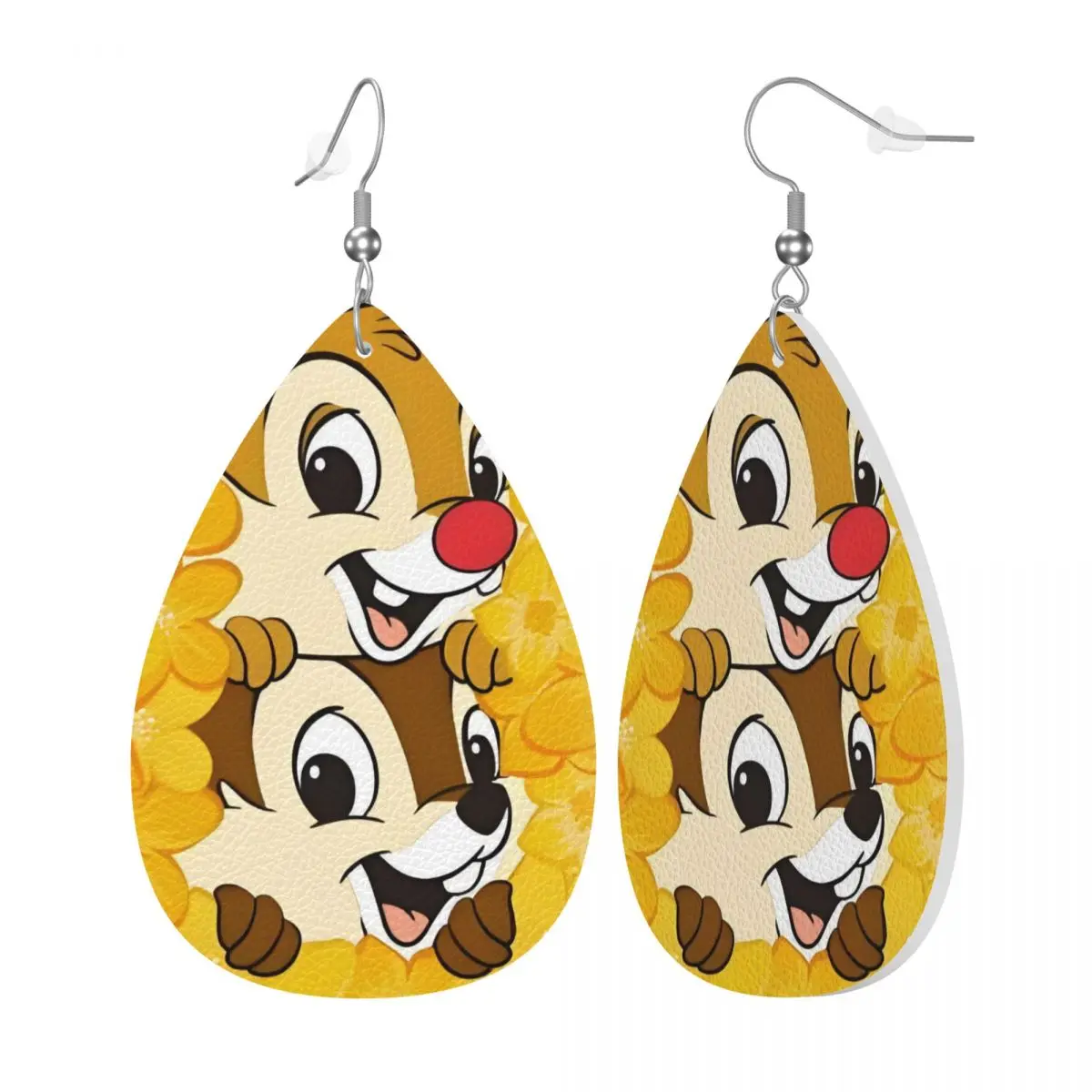 Custom Funny Cartoon Chip And Dale Leather Teardrop Earrings for Women Leather Earrings Fashion Lightweight for Parties Holidays