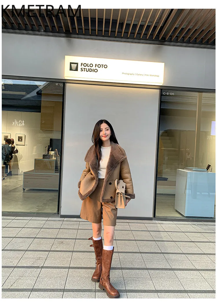 KMETRAM 천연 메리노 양가죽 울 부착 코트 여성용 스탠드 칼라 짧은 리얼 퍼 재킷 2026 겨울 여성 의류