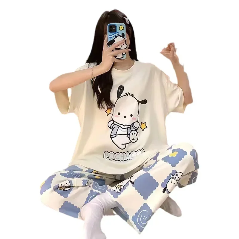 Sanrio hello kitty Pajama Summer Cute Cartoon Short Sleeve T-Shirt Trouser Suit  Women's Home Wear sleepwear Pants nightgown