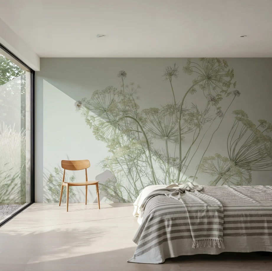 

Custom sized murals with delicate green and white flowers, slender stems, and tiny flowers create this dreamy wallpaper mural