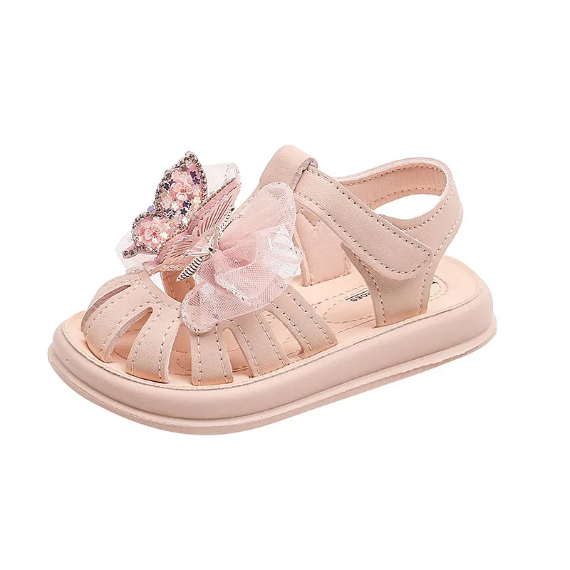 NOVEDAD DE VERANO 20224, sandalias con punta cerrada y lazo para niños, sandalias de mariposa para niñas, zapatos de princesa de fondo suave