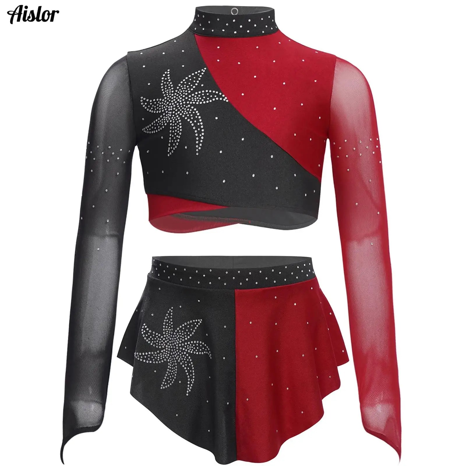 

Kids Girls Rhinestones Lyrical Dance Outfit Long Sleeves Sheer Mesh Keyhole Back Color Block Crop Top+Skirt Set Ballet Dancewear