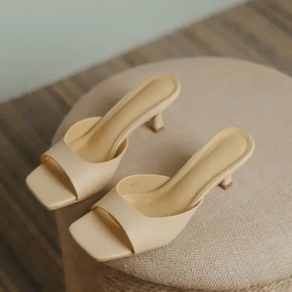 

2026 Genuine Leather French Slim Heel Slippers for Summer New Fashionable Sandals Women Sweet Round Toe Slipper Ladies Shoes