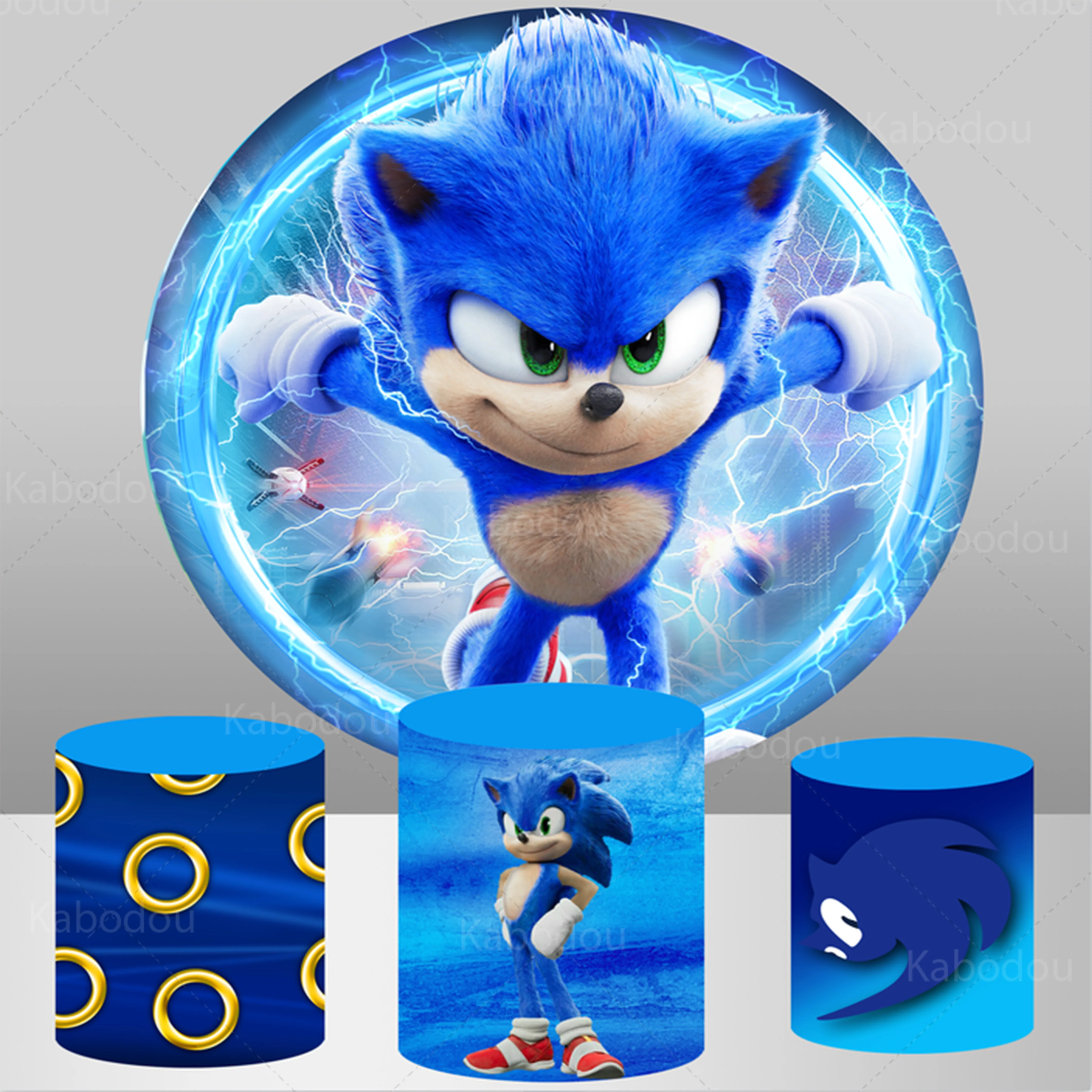 

Sonic Round Backdrop Boys Birthday Decoration Blue Photography Background Cylinder Cover Elastic Polyester Baby Shower Props