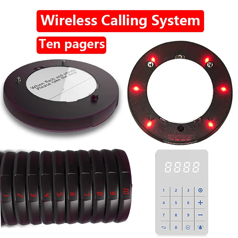 1 with 10 Round Wireless Calling System Vibrators Paging Device Restaurant Meal Picker Set Queuing Number Calling Device
