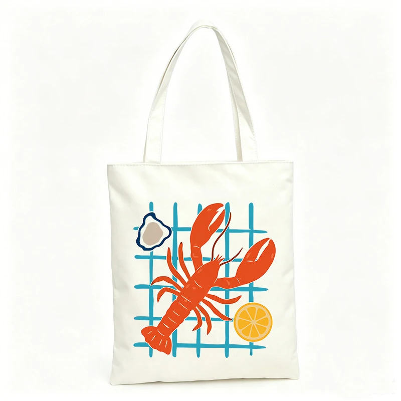 Bolso de lona con estampado de langosta y mariscos para mujer, estilo casual para salidas de verano y compras al mercado