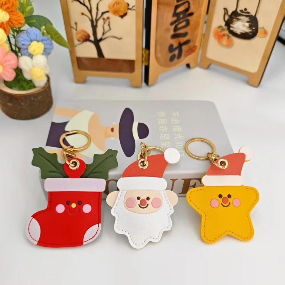 PU Leather Santa Claus Keychain Star Christmas Stocking Christmas Bag Pendant Cartoon Keyring Xmas Access Card Holder