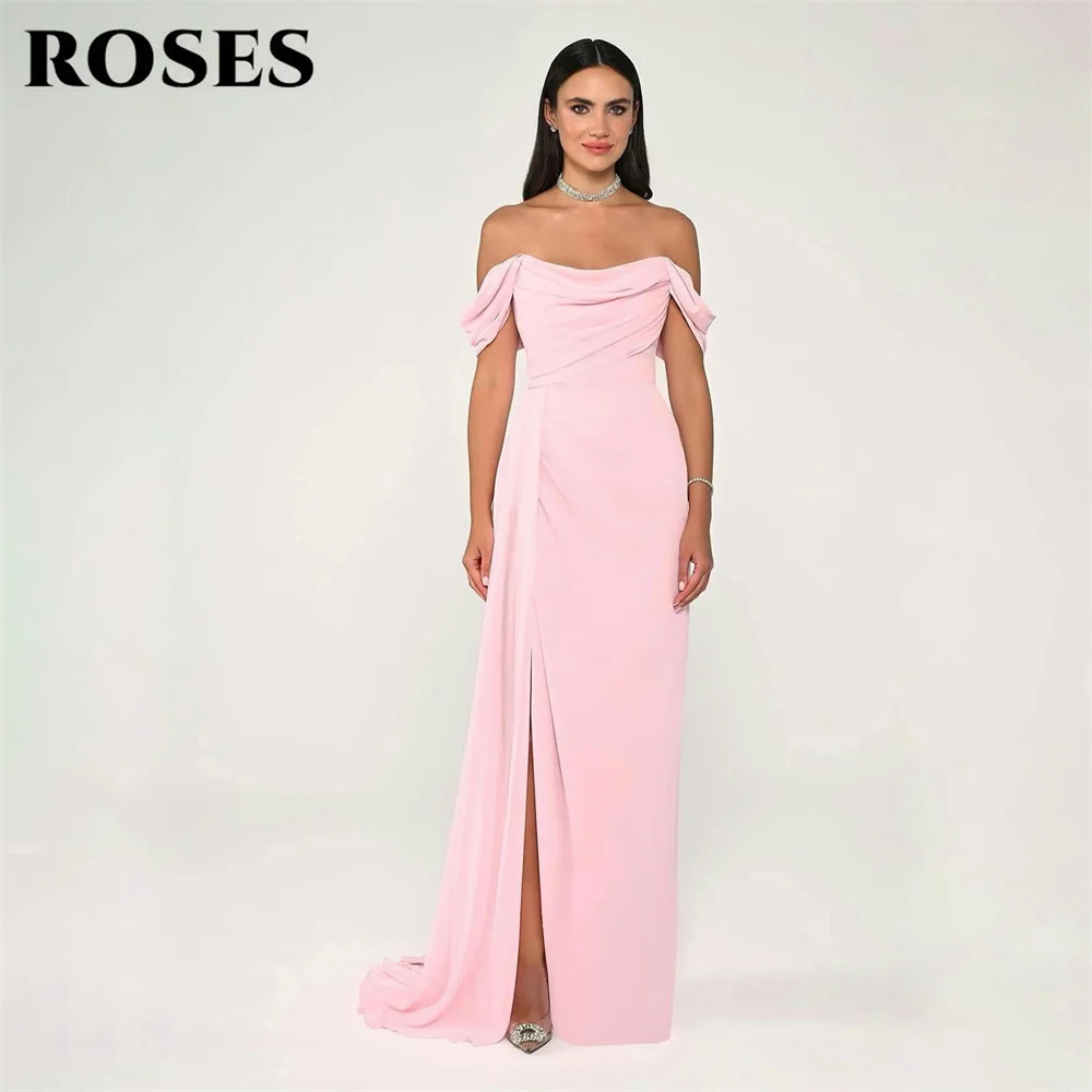 

ROSES Pink 프롬 드레 Off the Shoulder Prom Gown for Formal Events Ruched Mermaid Formal Dinner Dress with Side Slit Customized