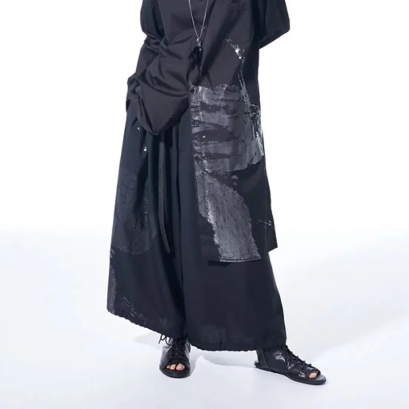 HKSH Spring Summer New Men\'s Wide Leg Flared Pants Pleat Elastic Binding Drawstring Women Dark Punk Gothic Chic Trousers HK1320