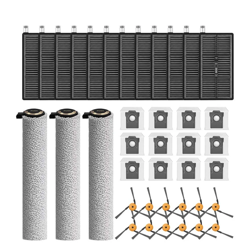 For Dreame Aqua20 for Pro Ultra Robot Vacuum Maintenance Kit 3 Roller Brushes 12 Side Brushes 16 Dust Bags 12 Filters